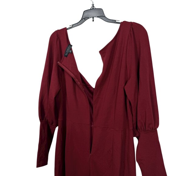 Eloquii Fluted Dress Size 20 Burgundy Long Sleeve Stretch Formal Dressy Midi - Picture 7 of 9